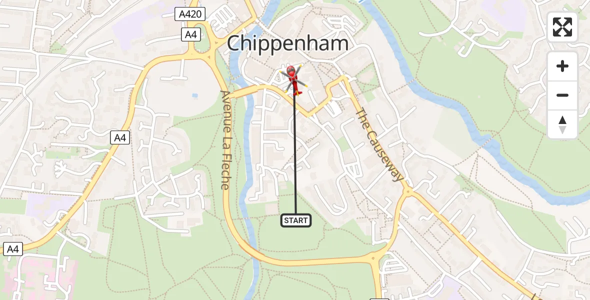 Flight path map showing Air Ambulance Helicopter route from Chippenham to Chippenham