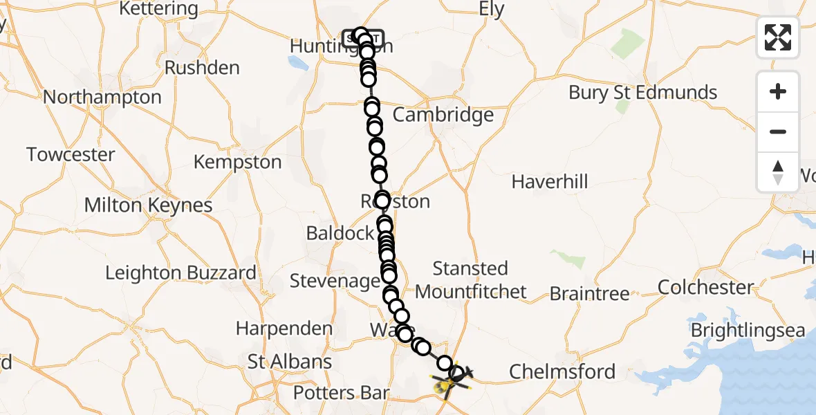 Flight path map showing Police Helicopter route from Wyton to North Weald Airfield