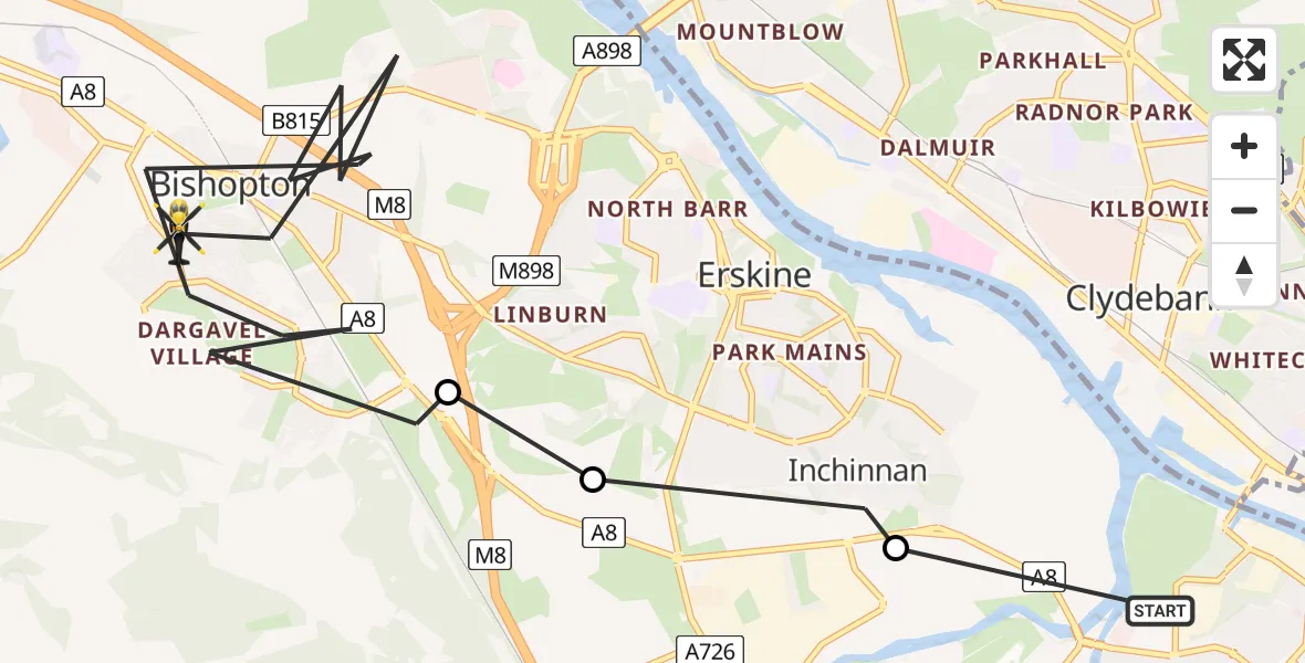 Flight path map showing Police Helicopter route from Renfrew to Bishopton