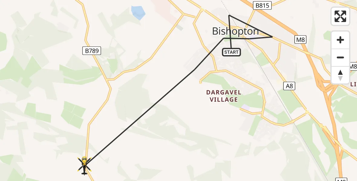 Flight path map showing Police Helicopter route from Bishopton to Houston