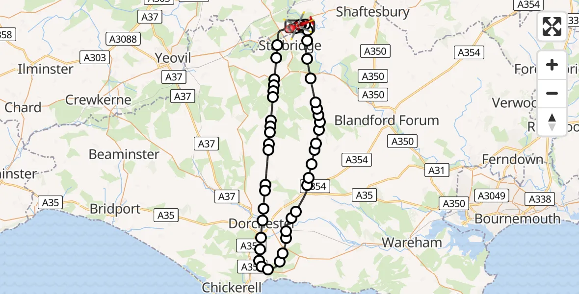 Flight path map showing Air Ambulance Helicopter route from Henstridge Airfield to Henstridge Airfield