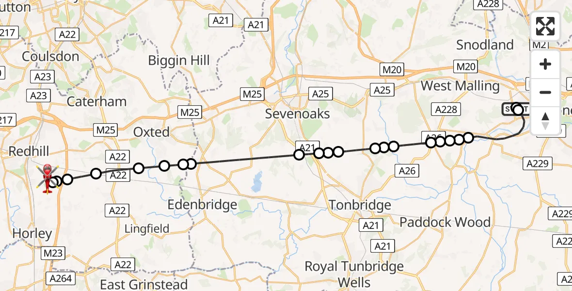 Flight path map showing Air Ambulance Helicopter route from Maidstone Hospital Heliport to Redhill Aerodrome