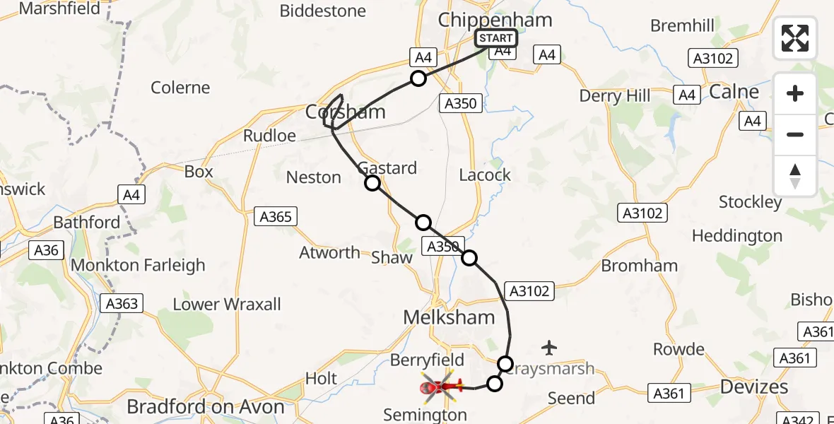 Flight path map showing Air Ambulance Helicopter route from Chippenham to Melksham