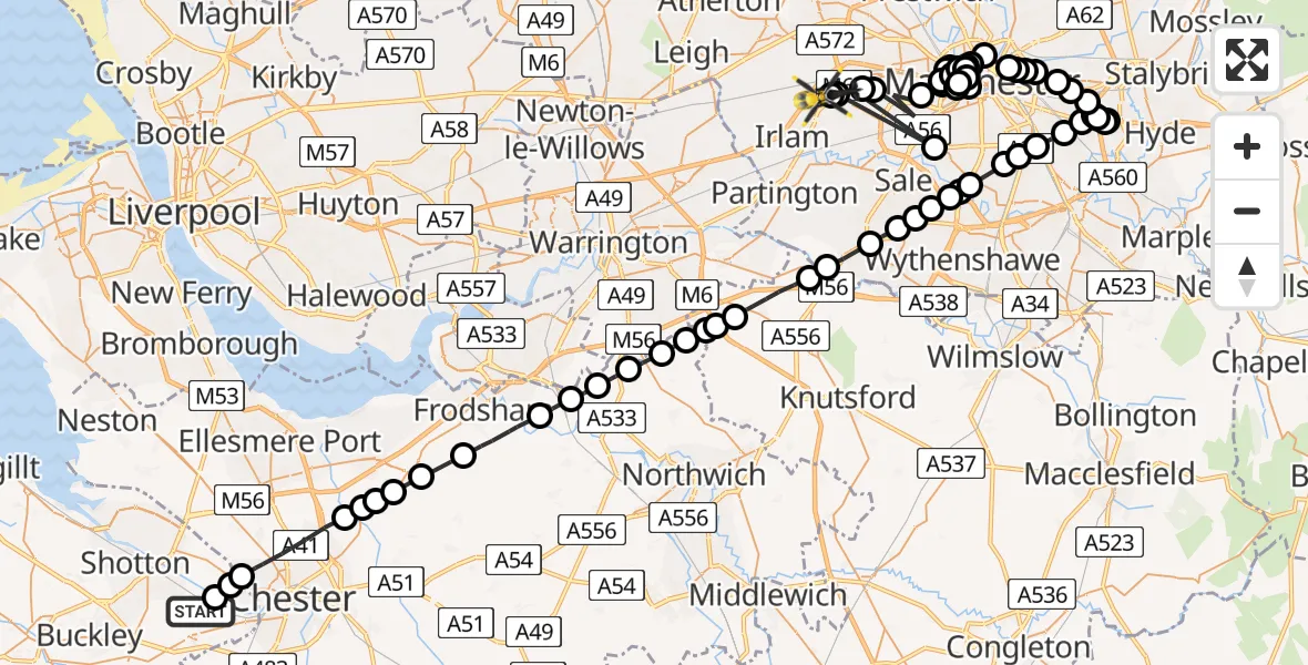Flight path map showing Police Helicopter route from Hawarden Airport to Manchester Barton Aerodrome