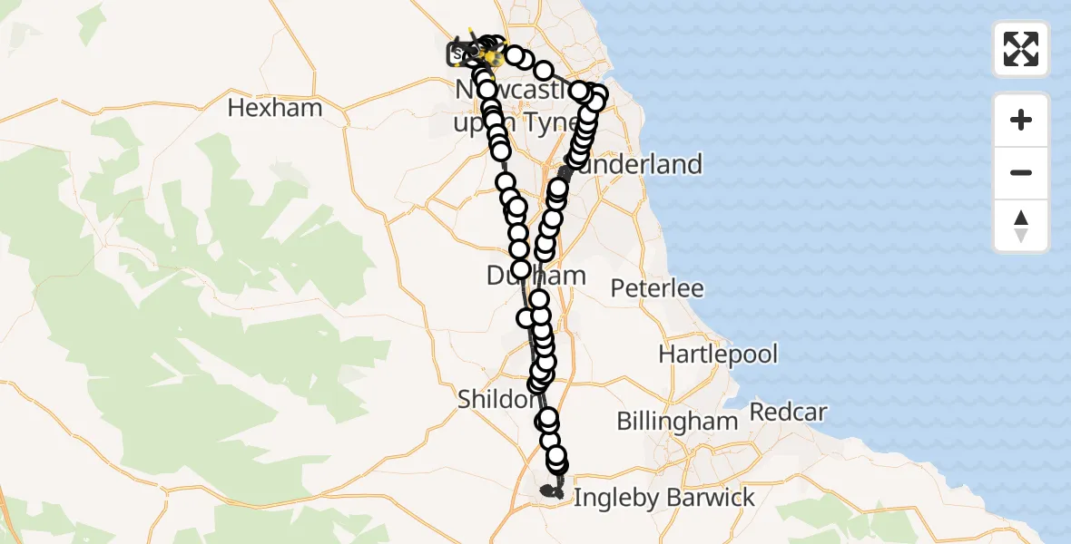 Flight path map showing Police Helicopter route from Newcastle International Airport to Newcastle International Airport