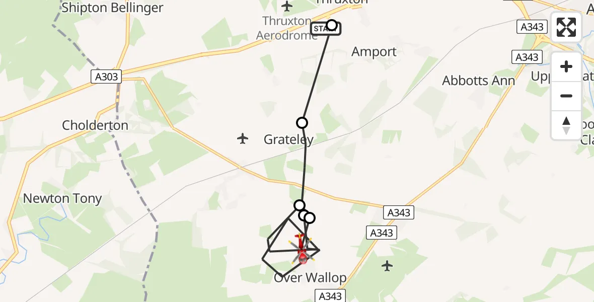 Flight path map showing Air Ambulance Helicopter route from Thruxton Aerodrome to Over Wallop