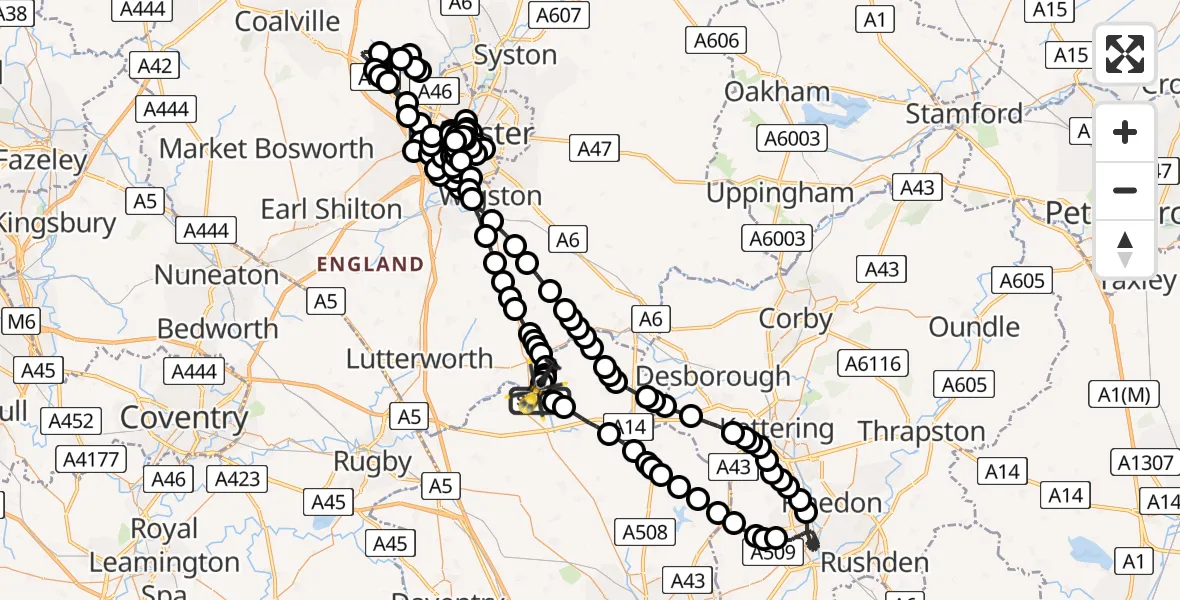 Flight path map showing Police Helicopter route from Welford to Harborough