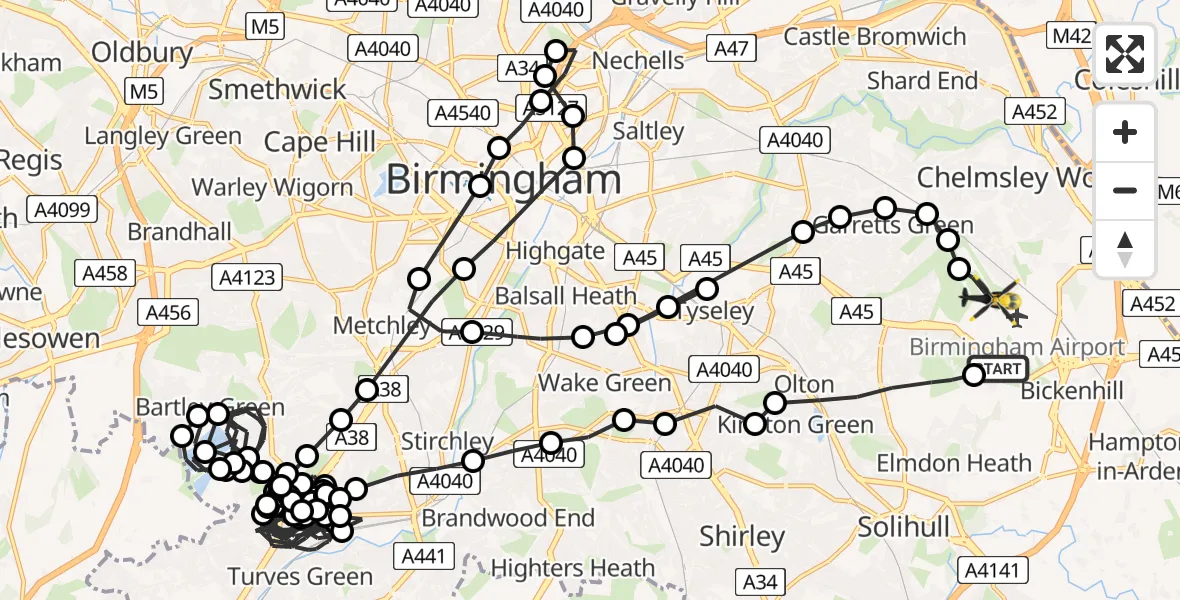 Flight path map showing Police Helicopter route from Birmingham Airport to Birmingham Airport