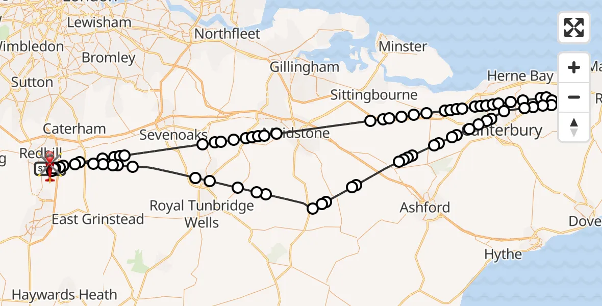 Flight path map showing Air Ambulance Helicopter route from Redhill Aerodrome to Redhill Aerodrome