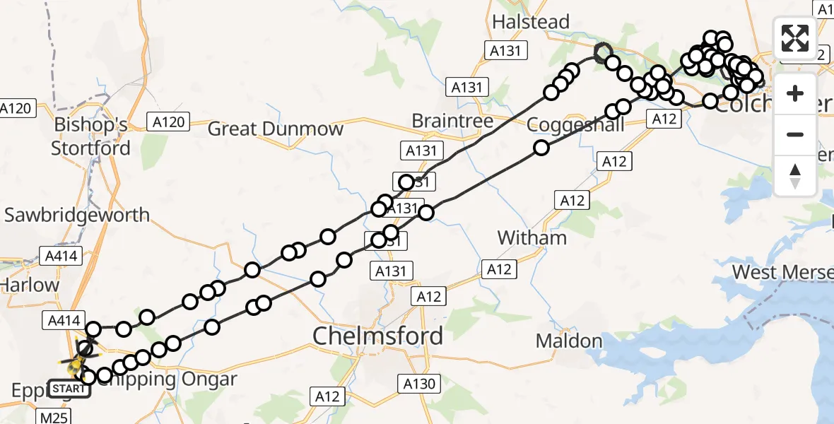 Flight path map showing Police Helicopter route from Coopersale to North Weald Airfield