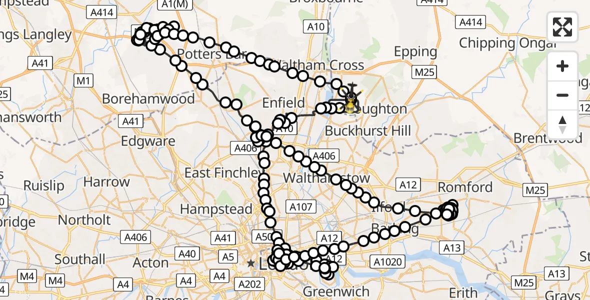 Flight path map showing Police Helicopter route from Chingford to Sewardstonebury