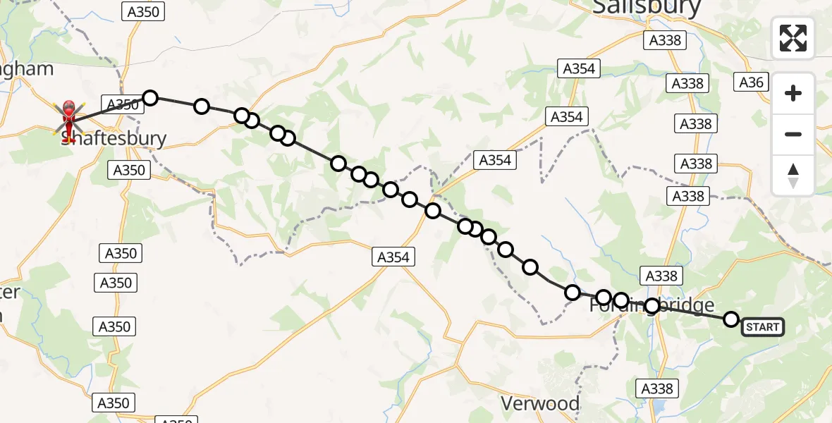 Flight path map showing Air Ambulance Helicopter route from New Forest to Gillingham