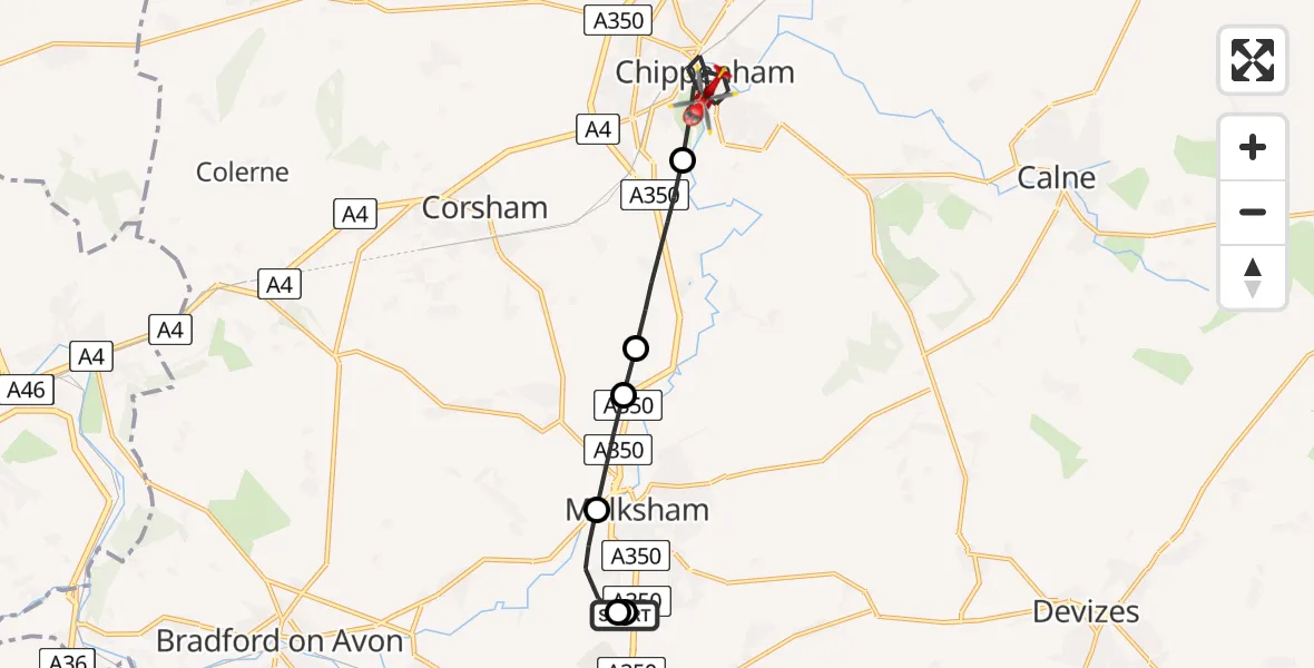 Flight path map showing Air Ambulance Helicopter route from Wiltshire Air Ambulance to Chippenham