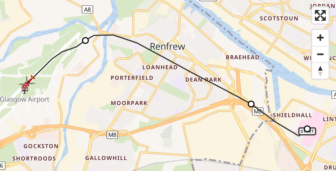 Flight path map showing Air Ambulance Helicopter route from Queen Elizabeth Hospital to Glasgow Airport