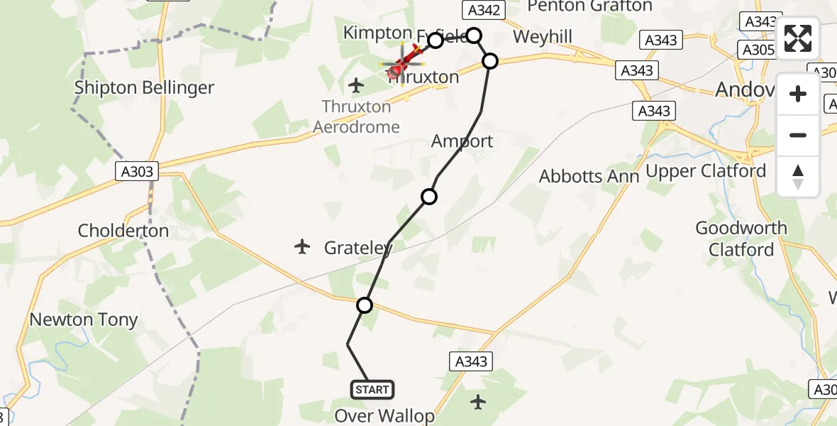 Flight path map showing Air Ambulance Helicopter route from Over Wallop to Fyfield