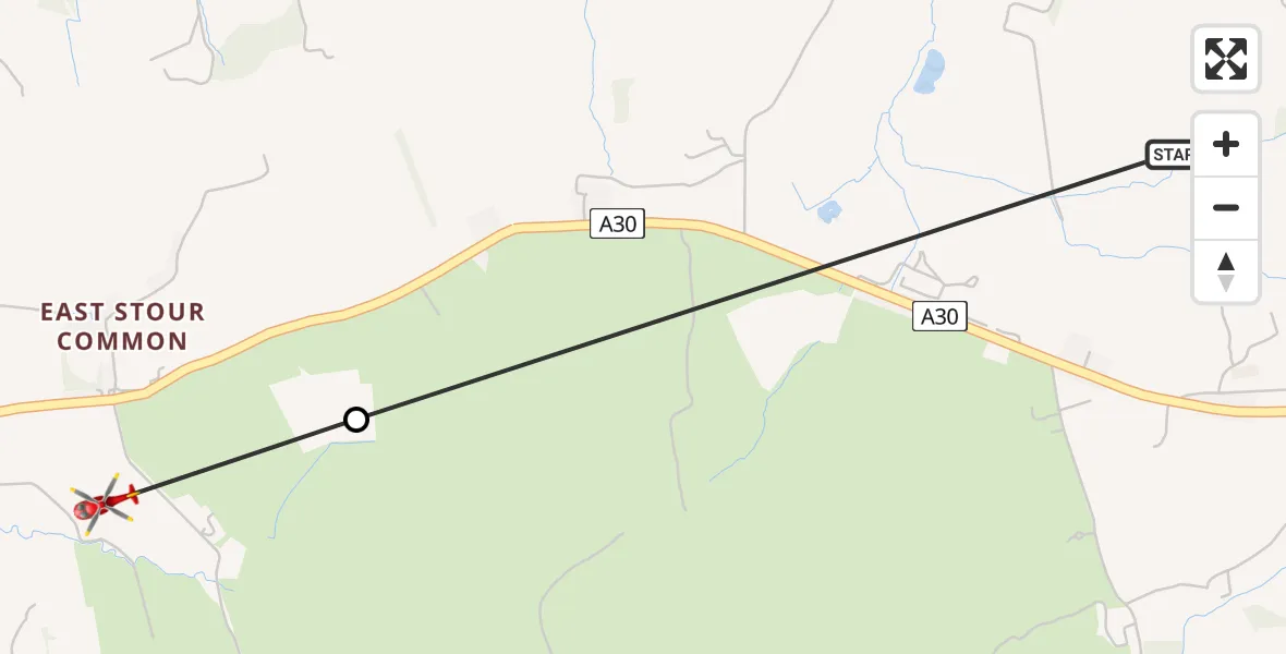 Flight path map showing Air Ambulance Helicopter route from Shaftesbury to Stour Row