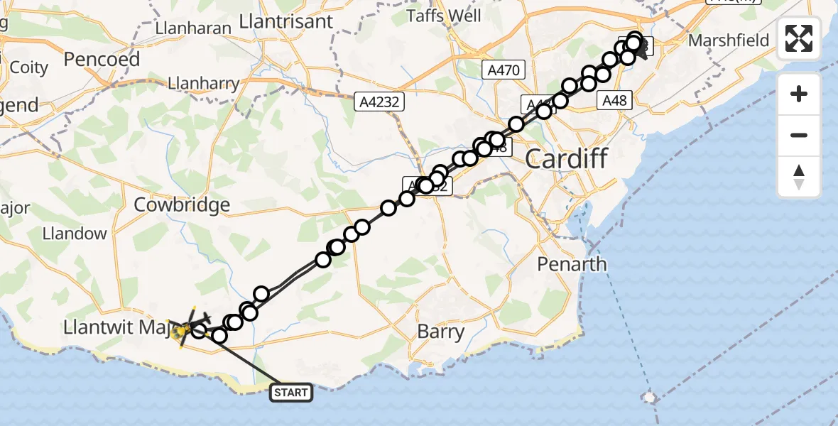 Flight path map showing Police Helicopter route from Rhoose to MOD St Athan