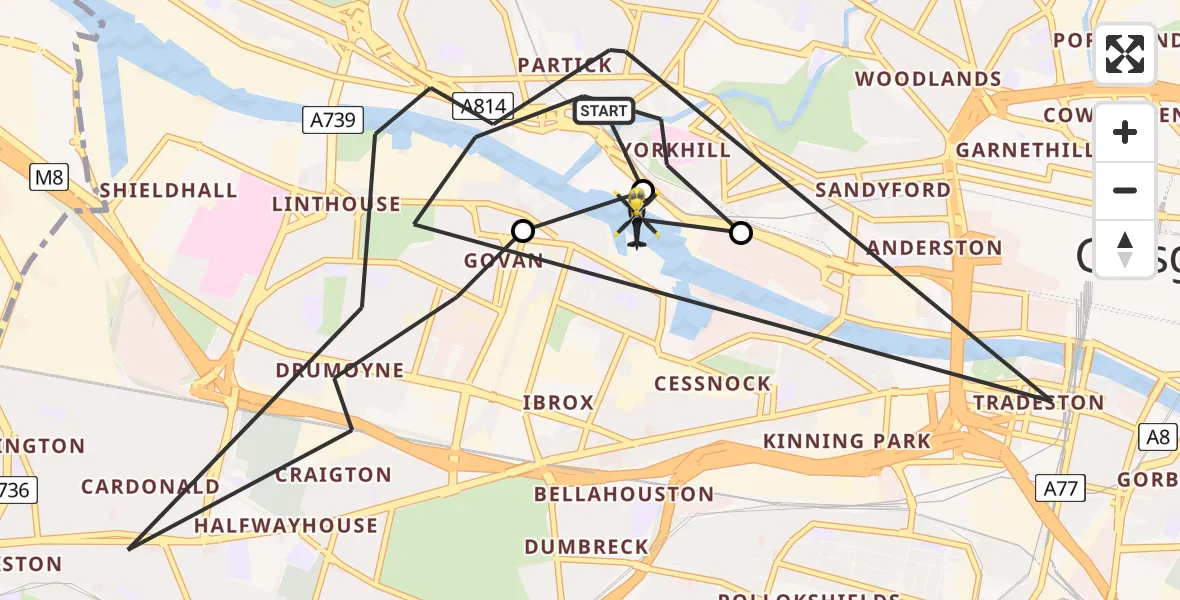 Flight path map showing Police Helicopter route from Glasgow to Glasgow City Heliport