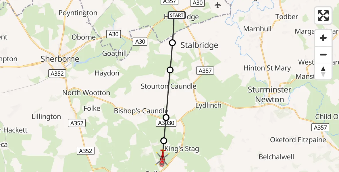 Flight path map showing Air Ambulance Helicopter route from Henstridge to Pulham