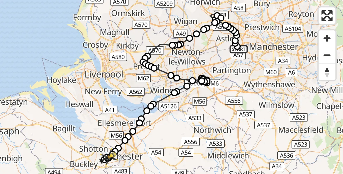 Flight path map showing Police Helicopter route from Manchester Barton Aerodrome to Hawarden Airport