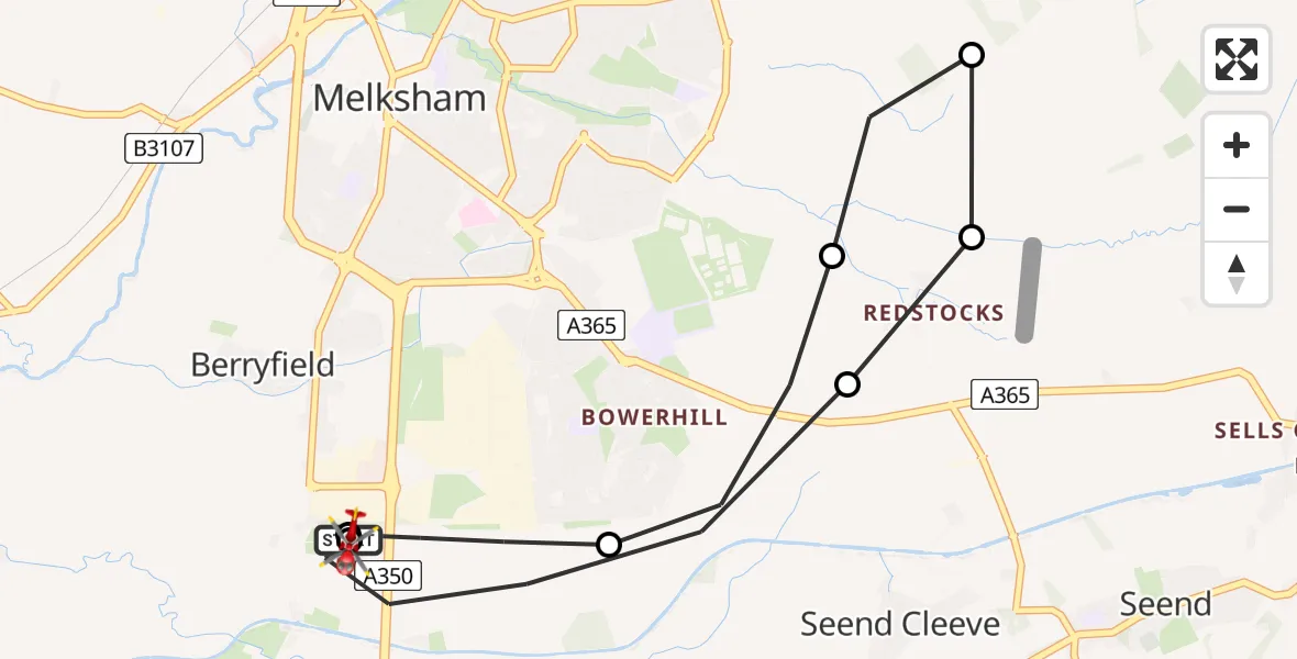 Flight path map showing Air Ambulance Helicopter route from Wiltshire Air Ambulance to Wiltshire Air Ambulance