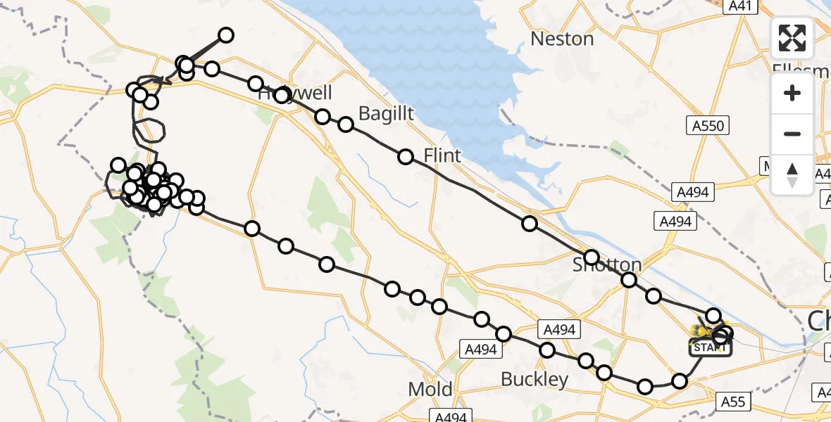 Flight path map showing Police Helicopter route from Hawarden Airport to Hawarden Airport