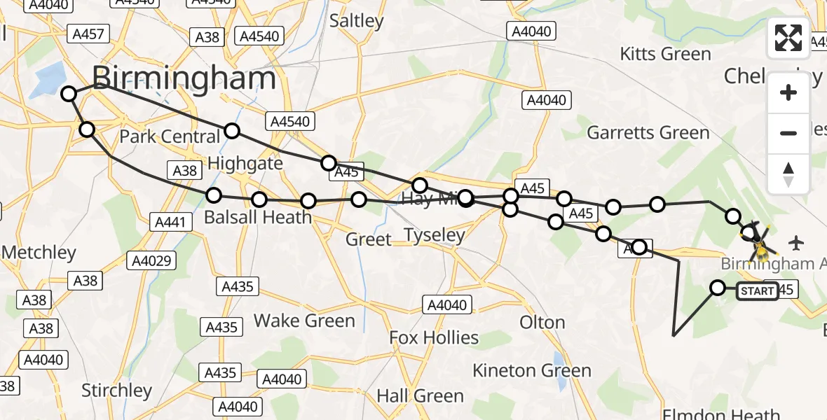 Flight path map showing Police Helicopter route from Birmingham Airport to Birmingham Airport