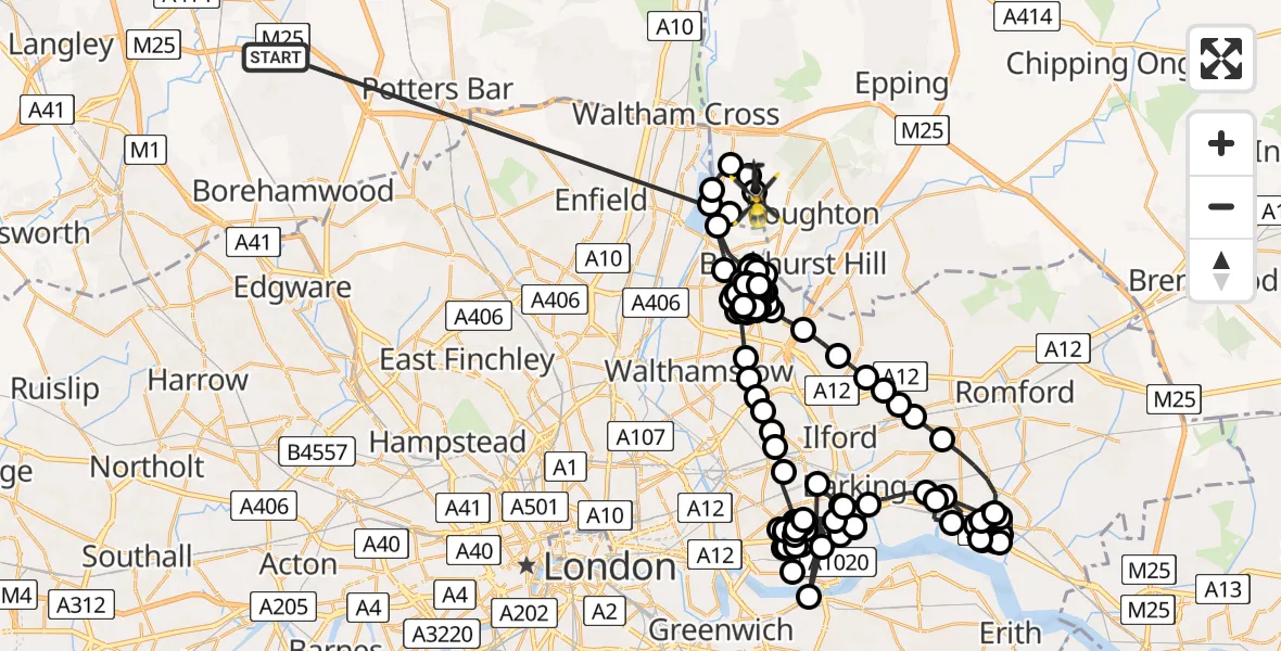 Flight path map showing Police Helicopter route from Shenley to Metropolitan Police Air Support Unit Lippitts Hill
