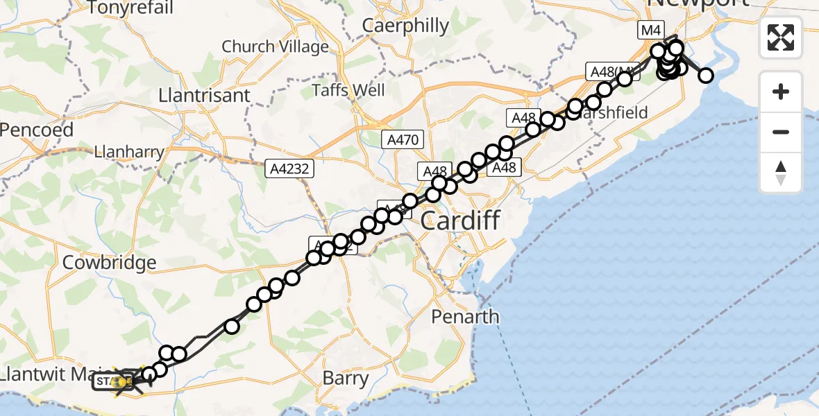Flight path map showing Police Helicopter route from MOD St Athan to MOD St Athan