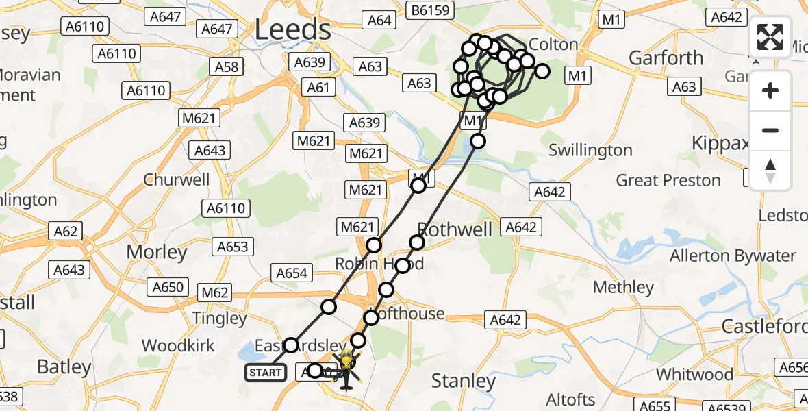 Flight path map showing Police Helicopter route from East Ardsley to Carr Gate