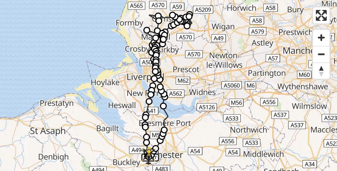 Flight path map showing Police Helicopter route from Hawarden Airport to Hawarden Airport