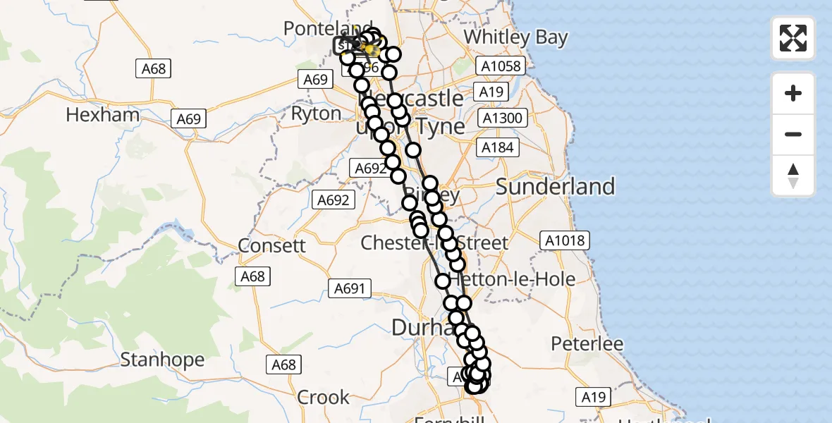 Flight path map showing Police Helicopter route from Newcastle International Airport to Newcastle International Airport