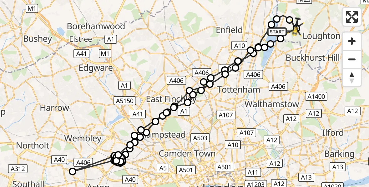 Flight path map showing Police Helicopter route from Sewardstonebury to Metropolitan Police Air Support Unit Lippitts Hill