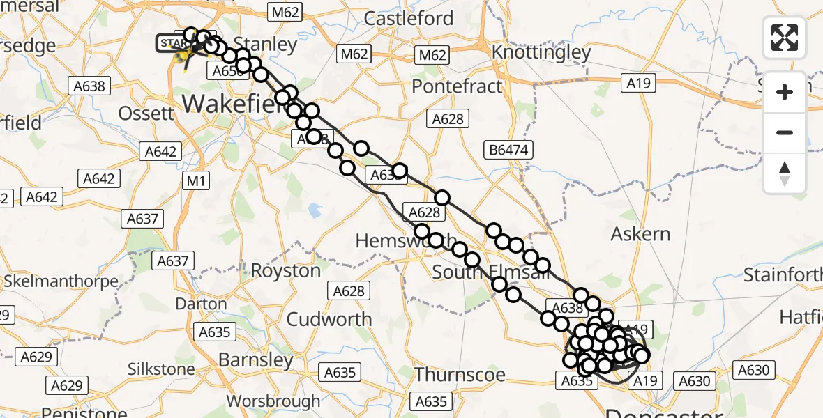 Flight path map showing Police Helicopter route from East Ardsley to East Ardsley