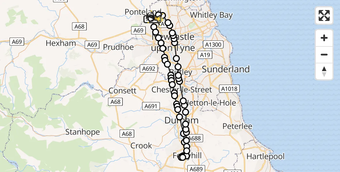 Flight path map showing Police Helicopter route from Newcastle International Airport to Newcastle International Airport
