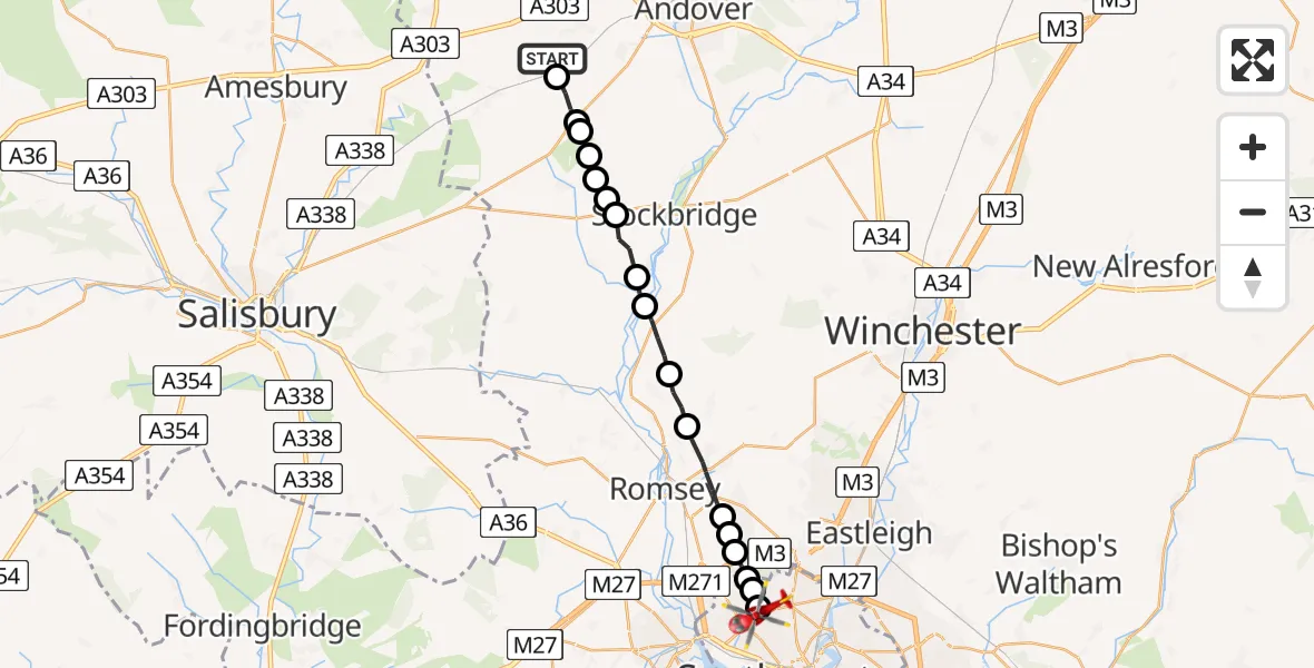 Flight path map showing Air Ambulance Helicopter route from Amport to Shirley