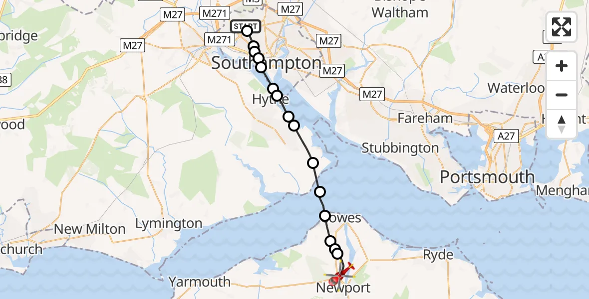 Flight path map showing Air Ambulance Helicopter route from University Hospital Southampton to Newport