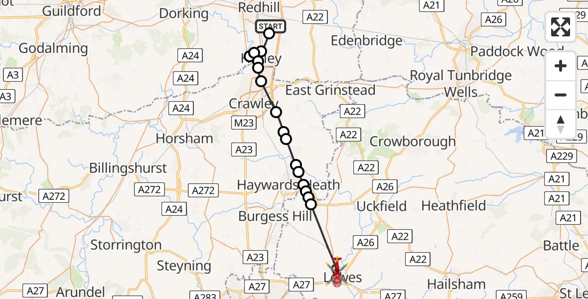 Flight path map showing Air Ambulance Helicopter route from Redhill Aerodrome to Lewes