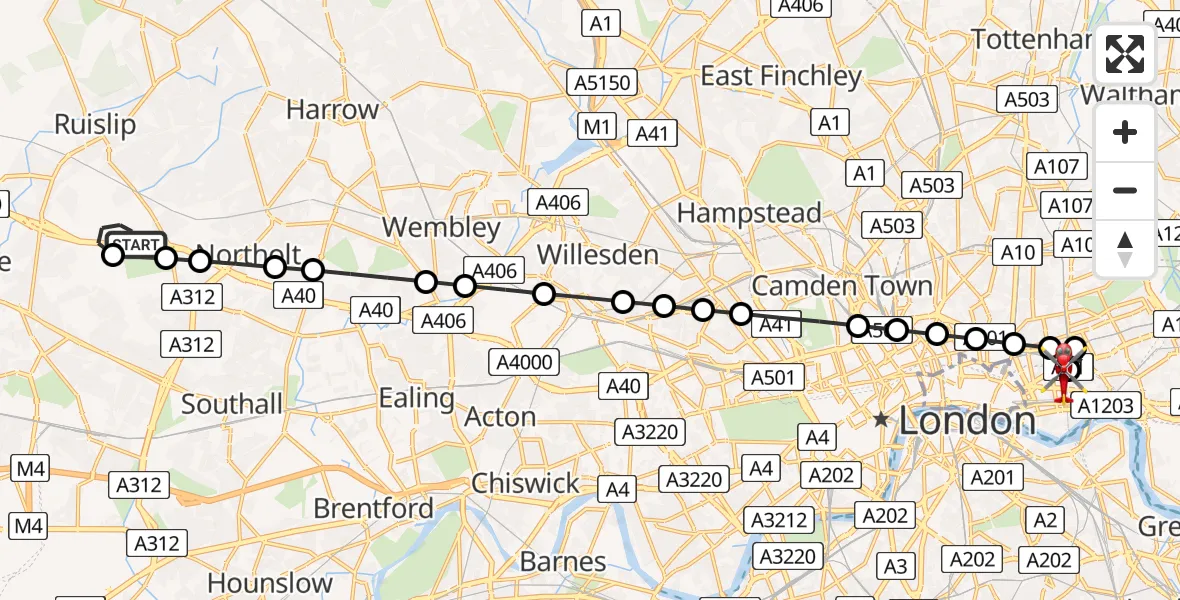 Flight path map showing Air Ambulance Helicopter route from RAF Northolt to Royal London Hospital