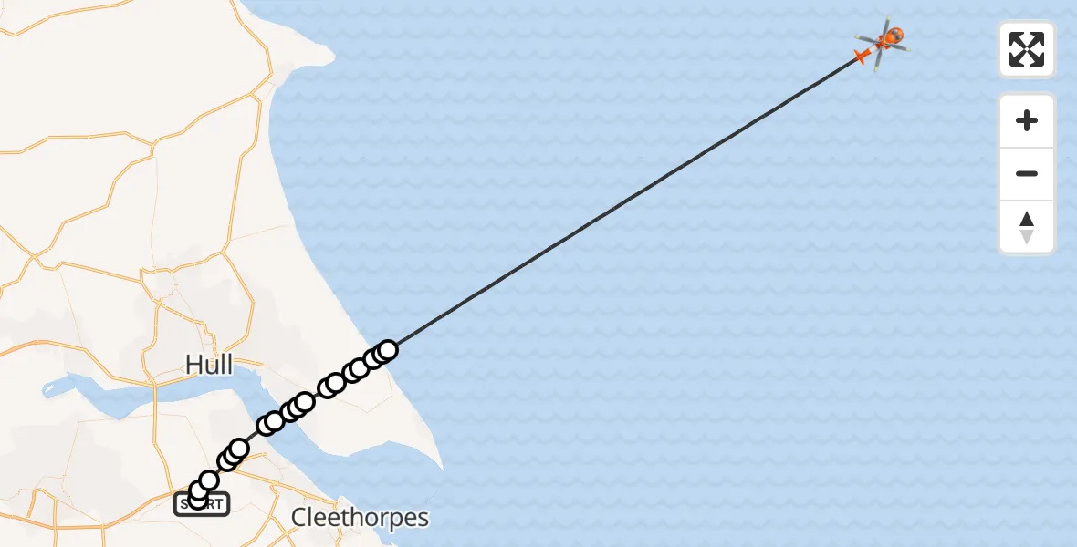Flight path map showing Coastguard Helicopter route from Humberside Airport to North Sea