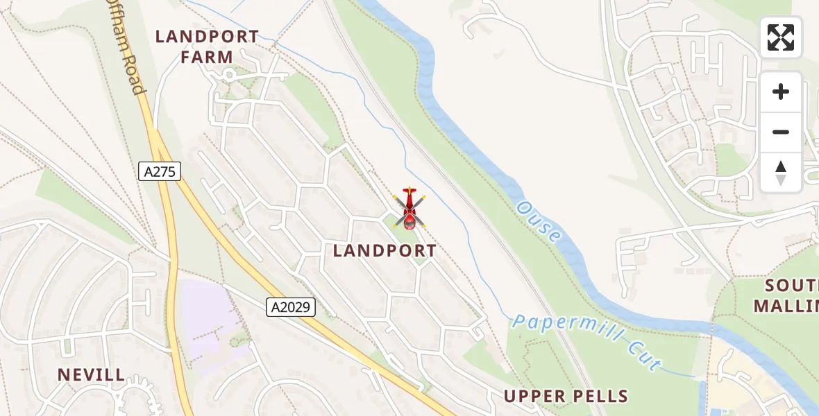 Flight path map showing Air Ambulance Helicopter route from Lewes to Lewes