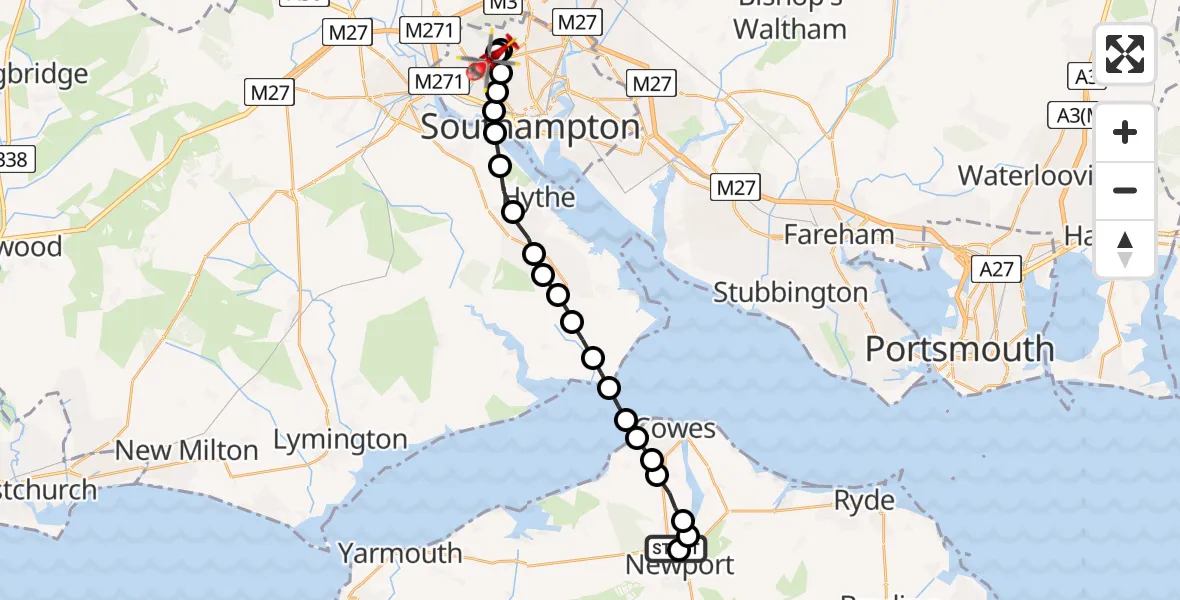 Flight path map showing Air Ambulance Helicopter route from St Marys Hospital Isle Of Wight to University Hospital Southampton