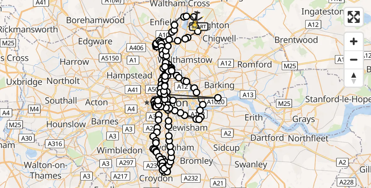 Flight path map showing Police Helicopter route from Sewardstonebury to Sewardstonebury