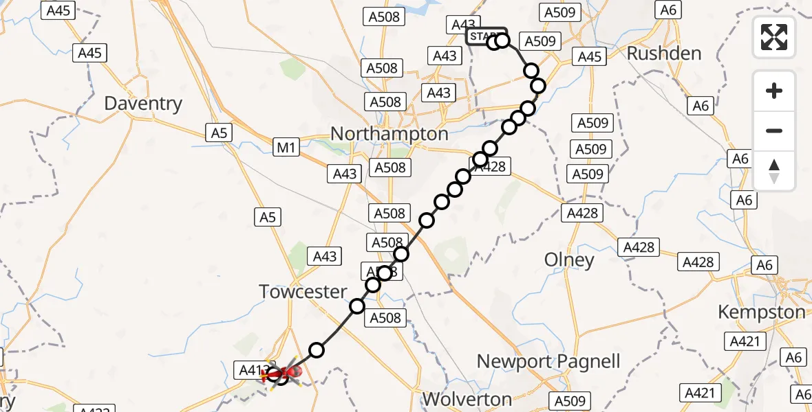 Flight path map showing Air Ambulance Helicopter route from Sywell Aerodrome to Silverstone
