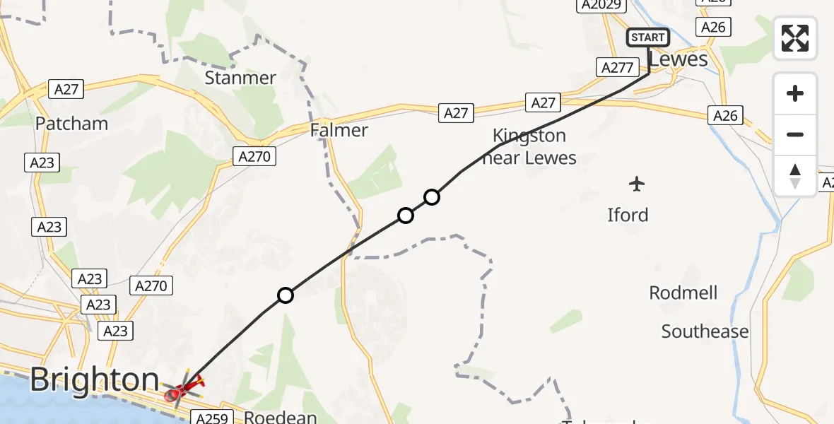 Flight path map showing Air Ambulance Helicopter route from Lewes to Brighton