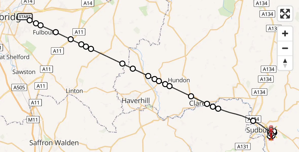 Flight path map showing Air Ambulance Helicopter route from Cambridge City Airport to Sudbury