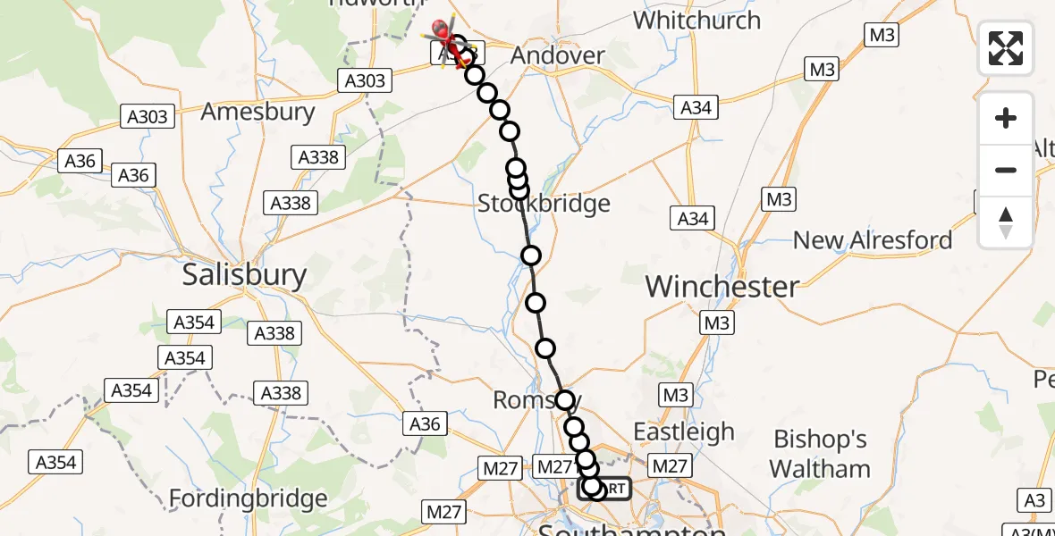 Flight path map showing Air Ambulance Helicopter route from University Hospital Southampton to Fyfield