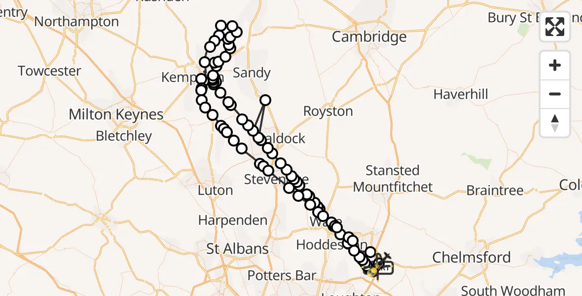 Flight path map showing Police Helicopter route from North Weald Airfield to North Weald Airfield
