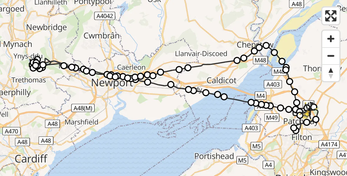 Flight path map showing Police Helicopter route from Bristol to Almondsbury Helicopter Base