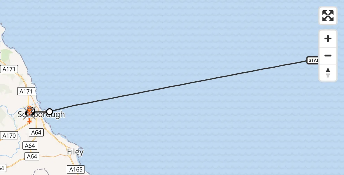Flight path map showing Coastguard Helicopter route from North Sea to Scarborough